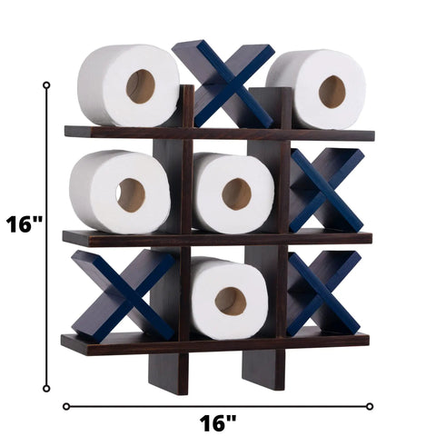 Tic Tac Toe Toilet Paper Holder Dope Wall Mounted Storage For Bathroom Decor with blue X's and paper rolls in grid, 16x16 size.