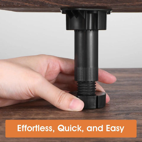 Close-up of hand adjusting Adjustable Furniture Leveling Feet Set, 12 Pieces, Heavy Duty Cabinet Levelers for bed frames and desks.