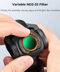 Close-up of Variable ND Filter for DJI Osmo Pocket Three and Four ND Two to ND Thirty Two VND with magnetic mount in hand.