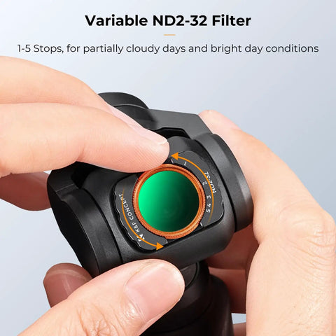 Close-up of Variable ND Filter for DJI Osmo Pocket Three and Four ND Two to ND Thirty Two VND with magnetic mount in hand.