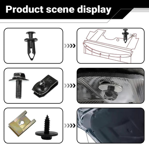 Product scene display for 100 Piece Heavy Duty Car Body Screws And Bolts Kit With Rust Resistant Splash Shield Retainers U Nuts