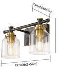 Vintage Two Light Bathroom Wall Sconce In Black Brass With Clear Glass, Easy 15 Minute Hardwired Vanity Light dimensions shown