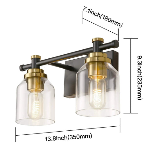 Vintage Two Light Bathroom Wall Sconce In Black Brass With Clear Glass, Easy 15 Minute Hardwired Vanity Light dimensions shown