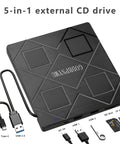5 In 1 External CD DVD Drive For Laptop With USB 3 Type C No Fuss Plug And Play Portable CD DVD RW Burner Plus SD And TF Card Reader DVD ROM Rewriter in black, with dual cables