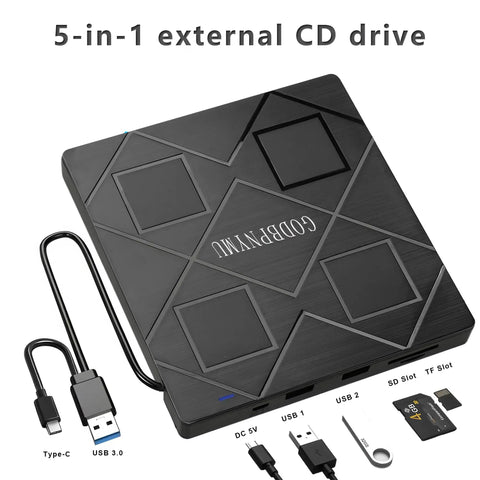 5 In 1 External CD DVD Drive For Laptop With USB 3 Type C No Fuss Plug And Play Portable CD DVD RW Burner Plus SD And TF Card Reader DVD ROM Rewriter in black, with dual cables