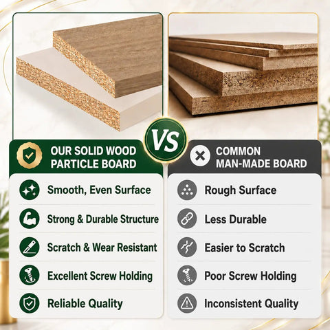 Comparison between Our Solid Wood Particle Board and Common Man-Made Board showcasing durability and surface quality.