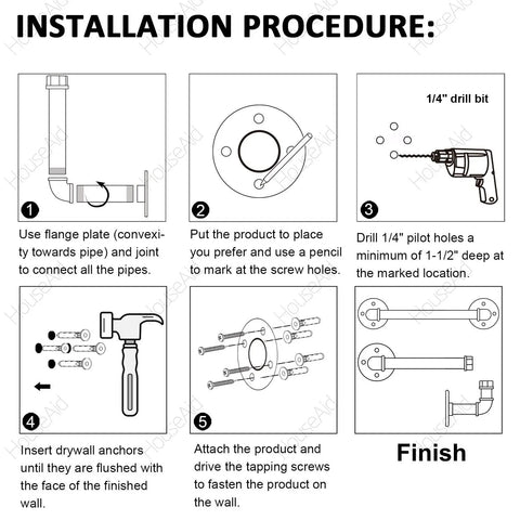 Installation guide for Industrial Pipe Towel Rack Set With 12 Inch And 24 Inch Bars Toilet Paper Holder And Robe Hook Rustic Matte Black.