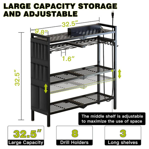 Power Tool Organizer Cart With Charging Station For 8 Drills Heavy Duty Standing Garage Storage Rack Utility Tool Shelf With Side Pockets Black Finish side view showing shelves and drill holders