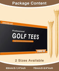 Box and two sizes of Natural Bamboo Golf Tees 200 Pack With 2-3/4 Inch And 3-1/4 Inch Sizes Available Reduce Friction And Side Spin