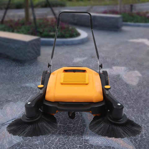 UILMLIO Manual Floor Sweeper With Foldable Handle, Motorless Design Saves Cash On Utility Bills. Includes Huge 12 Gallon Waste Container And Sags For Indoor Outdoor Use Like A Charm. Effortless Operation Gets The Job Done Fast Without Any Noise Or Hassle