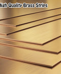 Front view of brass shim stock strips (6 in × 1 in), stacked, thicknesses 0.002–0.016 in.