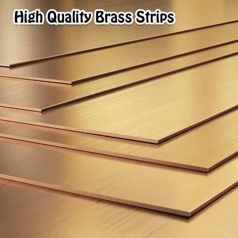 Front view of brass shim stock strips (6 in × 1 in), stacked, thicknesses 0.002–0.016 in.