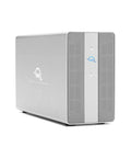Dual Bay Thunderbolt USB C Hard Drive Enclosure Featuring Killer Hardware Raid Options Slick Design For Power Users Up To 974 Mbps Read Speeds, silver metal exterior.