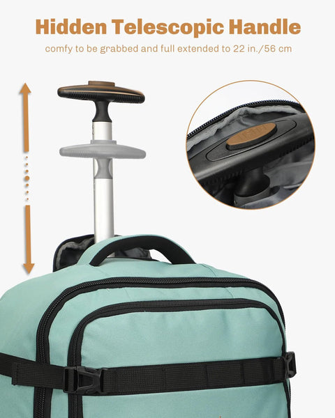 Hynes Eagle 42L rolling backpack in mint green with extended telescoping handle and multiple zip pockets