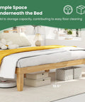 Heavy Duty King Size Wood Platform Bed Frame With Bulletproof Rubber Wood Construction And Slick Natural Finish showcasing ample under-bed storage with a 10.5" gap.