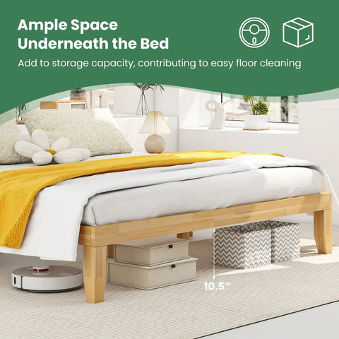 Heavy Duty King Size Wood Platform Bed Frame With Bulletproof Rubber Wood Construction And Slick Natural Finish showcasing ample under-bed storage with a 10.5" gap.