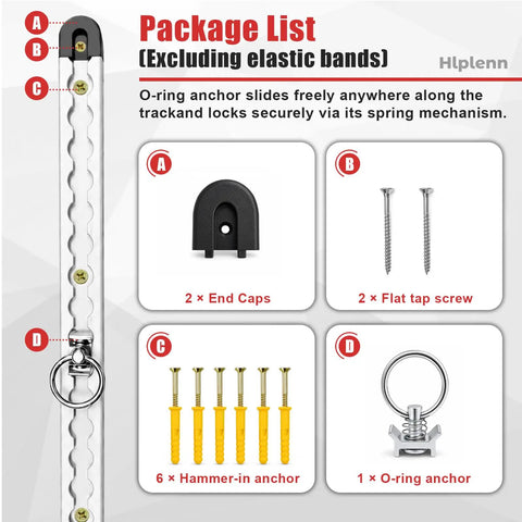 Savage Resistance Band Wall Mount Anchor Rig For Home Gym Flex Zero Clutter package list with end caps, screws, hammer-in anchors and O-ring.