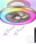 22 Inch Bladeless Low Profile Ceiling Fan With Lights And Remote Enclosed Flush Mount RGB 7 Color Mood Lighting And Built In Music