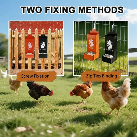 Hella Durable Metal Chicken Grit And Oyster Shell Feeder Built With Smooth Hanging Gravity Setup, shown with screw and zip tie fixtures.