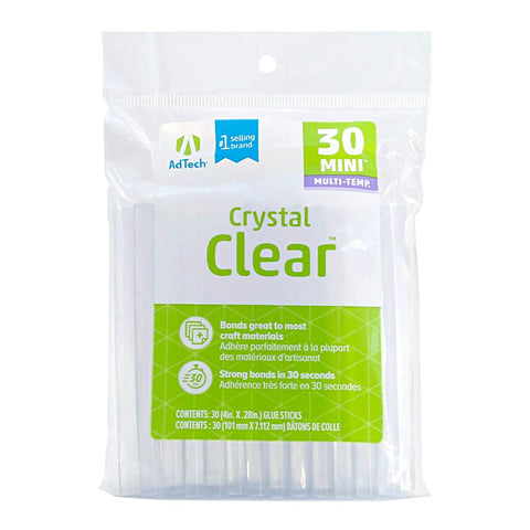 Front view of AdTech Crystal Clear 4-in mini hot glue sticks, 30-pack
