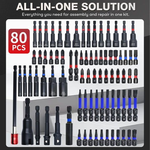 80 Piece Magnetic Impact Nut Driver Set With SAE And Metric Sockets And Universal Sockets Wing Nut Drivers Adapters And Bit Holder For Power Drill And Impact Driver For Auto And Home Repair displayed in a case