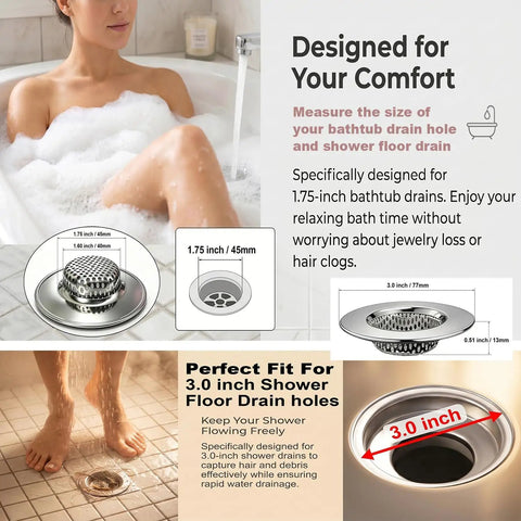 Stainless Steel Bathtub Drain Strainers Pack Of 2 Hair Catcher Drain Cover Basket With 3.0 Inch Outer Diameter And 1.60 Inch Inner Diameter Fits 1.75 Inch Drain Holes Keeps Your Shower And Tub Hair Clogs displayed in various usage scenarios including bathtub and shower settings.