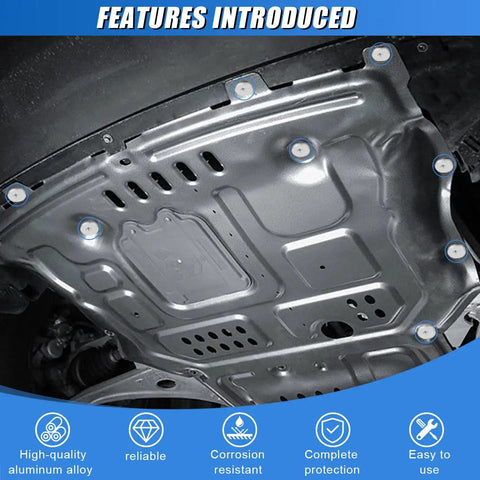 Beefy 8 Piece Car Engine Splash Shield Hardware Kit Featuring Lower Cover Pins Bolts And Radiator Clips for skid plate mounted under car.