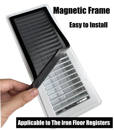 Magnetic Floor Register Vent Cover 4x10 Inch Screen Mesh being lifted, showing easy installation on iron floor register.