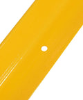 Close-up view of Rugged Yellow Steel Floor Safety Curb Warehouse Workhorse 48 Inch Heavy Duty Protective Barrier with mounting hole.