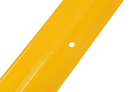 Close-up view of Rugged Yellow Steel Floor Safety Curb Warehouse Workhorse 48 Inch Heavy Duty Protective Barrier with mounting hole.