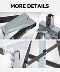 Close-up of Two Pack Saw Stand Sawhorse With Adjustable Seven Level Quick Build, metal components, hinges, and joints.
