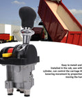 Image of Heavy Duty Dump Truck Proportional Control Valve And PTO Switch Kit with four holes and four working positions, shown in front of a dump truck with a lifted bed.