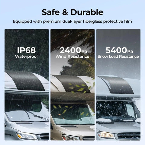 Arch Pro 200W Anti Shading N Type Fiberglass Flexible Solar Panel on RV showing water, wind, and snow resistance capabilities