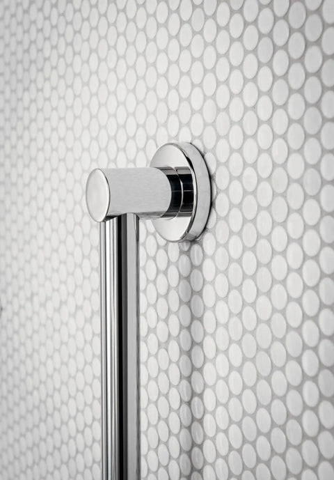 18 Inch Stainless Steel Bathroom Grab Bar Chrome Finish For Safety And Support Beefy Grip Modern Shower Bar For Seniors And Caregivers Supports Up To 500 Lbs When Stud Mounted close-up of chrome finish mount