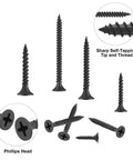 Size 6 Drywall Screws Set 150 Piece Phillips Wood Screws Assortment Carbon Steel Black Oxide Self Tapping Screws For Drywall Sheetrock Wood And Furniture DIYers Home Improvement Kit showing various screw features