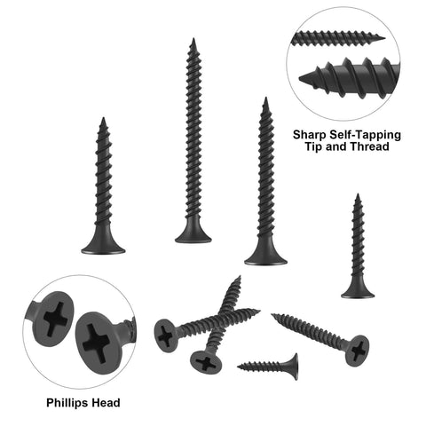 Size 6 Drywall Screws Set 150 Piece Phillips Wood Screws Assortment Carbon Steel Black Oxide Self Tapping Screws For Drywall Sheetrock Wood And Furniture DIYers Home Improvement Kit showing various screw features