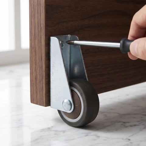 Installing Low Profile Side Mount Caster Wheels Kit, 2 Brown Rolling Casters With 4 Screws, on furniture for smooth glide