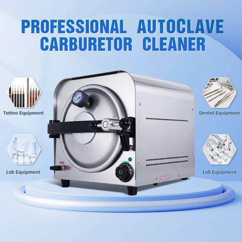 DACAT-RICHFU TR250E 14L autoclave, stainless steel body; front view with pressure gauge and control knob