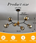 Six Light Glass Globe Chandelier With Adjustable Boom, Modern Semi Flush Mount Ceiling Light Fixture with dimensions shown