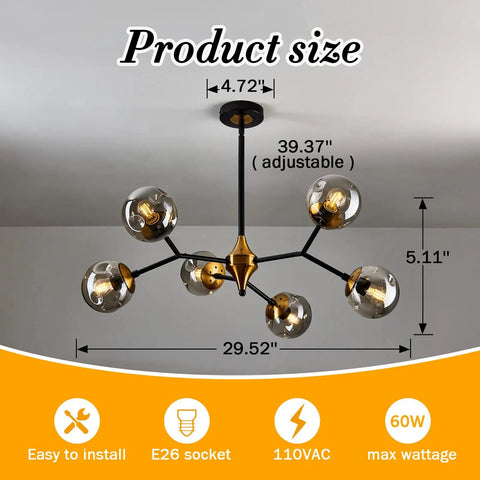 Six Light Glass Globe Chandelier With Adjustable Boom, Modern Semi Flush Mount Ceiling Light Fixture with dimensions shown