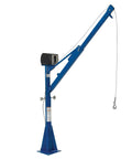 Built Tough AC Power Jib Crane With 1500 Lb Capacity And 66 Inch Telescoping Boom, 360 Swivel, Powered Cable Winch image showing blue steel construction.