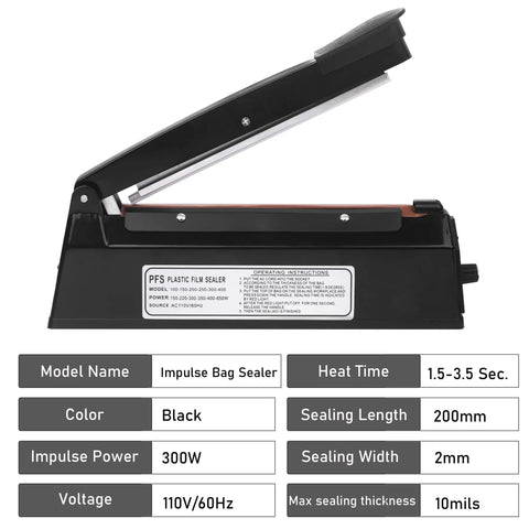 8 Inch Impulse Heat Sealer Manual Poly Bag Sealing Machine Quick Seal For Plastic Bags PE And PP Black Portable Display