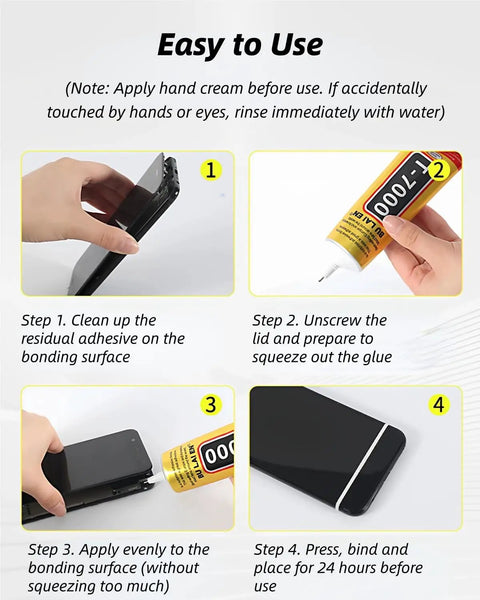 Easy-to-use instructions for Waterproof Flexible Repair Adhesive Glue for Phone Screens and Electronics, 50 ml, with application steps.