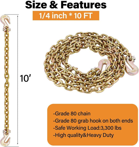 Beefy Heavy Duty G80 Chain Binders Kit 10 ft 1/4 inch chain with hooks, 2,200 lbs working load, 7,800 lbs break strength