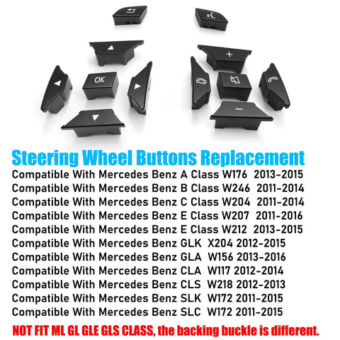 Mercedes Benz Steering Wheel Button Cover Replacement For A Class W176 B Class W246 C Class W204 E Class W207 W212 GLK X204 CLA W117 CLS W218 SLK SLC W172 Black button set layout