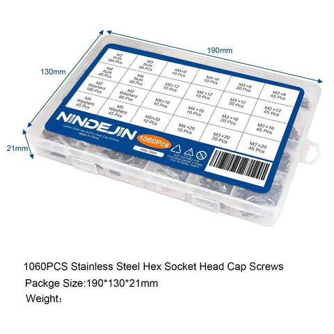 Complete 1060 Pieces Metric Hex Socket Head Cap Screw Bolt Nut Washer Assortment Kit Black 12.9 Grade Carbon Steel Fasteners M2 M3 M4 M5 hardware set case with dimensions.