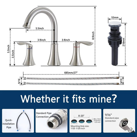 Widespread 8 Inch Bathroom Faucet Set With Two Handles And Swivel Spout, 3 Hole Mount, Brushed Nickel Finish, Pop Up Drain And Hoses