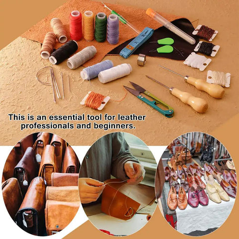 Leather Sewing Kit For Upholstery And Home Projects Heavy Duty Needle And Thread Set With Waxed Thread And Stitching Needles Includes Threaders Scissors Measuring Tape And Thimble For Car Seats Backpacks Carpets Shoes And Sofas.