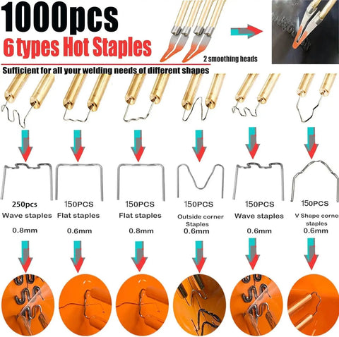 Image showing 1000pcs 6 types of hot staples for Powerful 220W Plastic Welder Kit 2 in 1 Repair Set With 1000 Hot Staples and 92 Plastic Welding Rods For Fast Car Bumper Crack Fixes Black For Auto Body Repairs and DIY Projects.