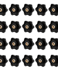 Set of twenty black six-star knobs with brass 1/4-20 female thread inserts
